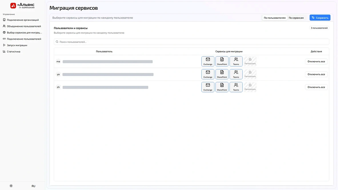 Выбор сервисов для каждого пользователя: Exchange, SharePoint, Teams