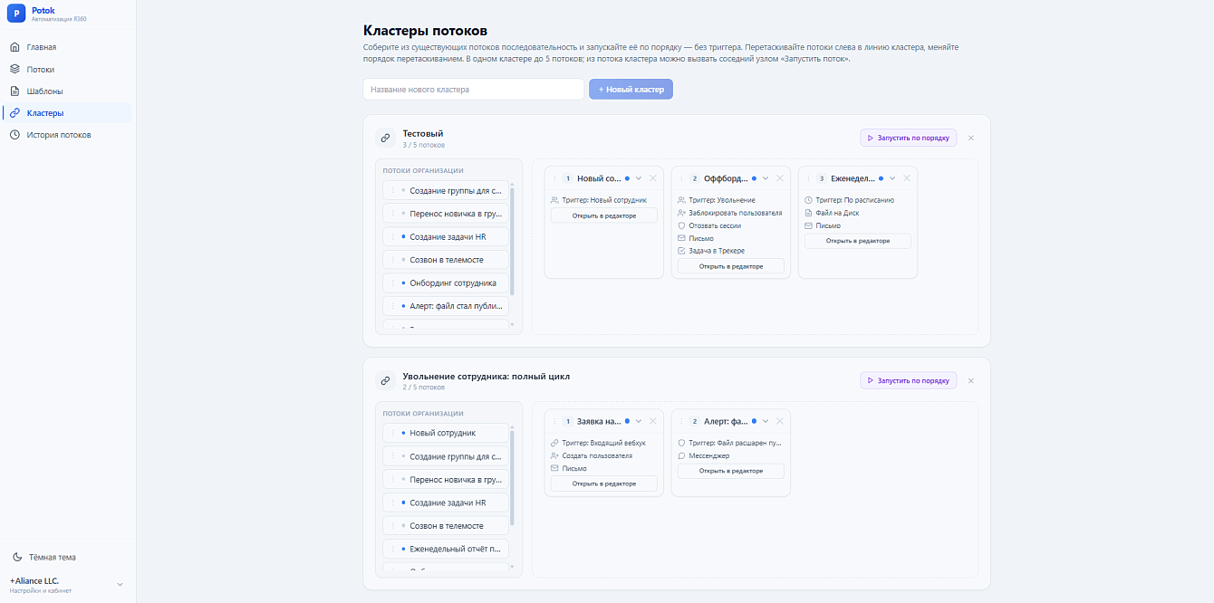 Кластеры потоков +Альянс Поток: последовательный запуск нескольких потоков по порядку, без триггера — цепочка собирается перетаскиванием.