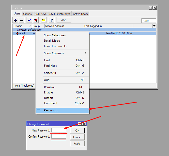 Установка пароля пользователя