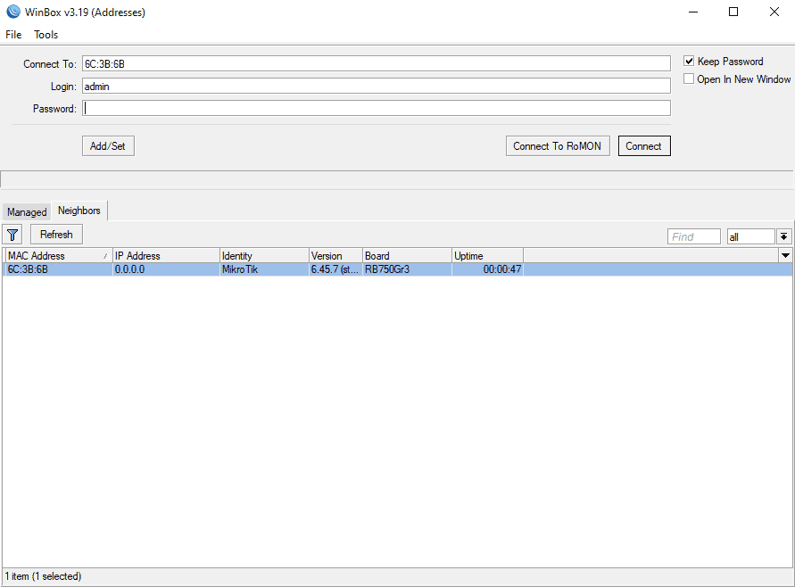 Стартовое окно WinBox